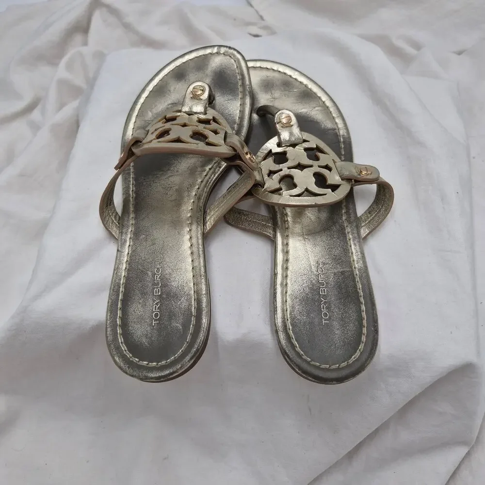 Tory Burch Miller Gold Leather Sandal slip-on Thong flip flip slide Women Sz 7.5
